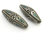 2 BEADS - Large size Bicone shape nepalese brass beads with turquoise and lapis inlay - BD631