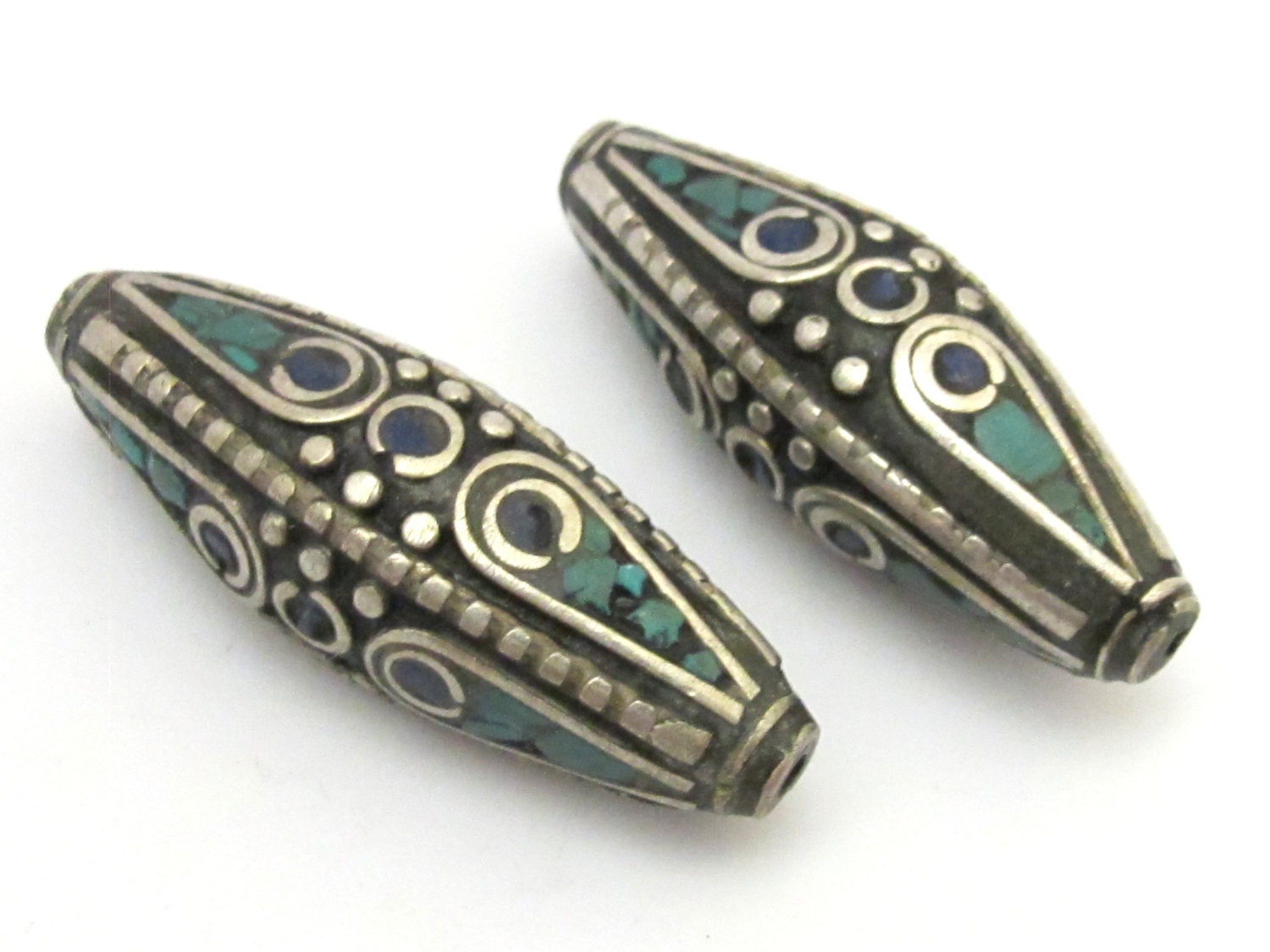 2 BEADS - Large size Bicone shape nepalese brass beads with turquoise and lapis inlay - BD631