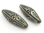 2 BEADS - Large size Bicone shape nepalese brass beads with turquoise and lapis inlay - BD631