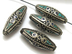 2 BEADS - Large size Bicone shape nepalese brass beads with turquoise and lapis inlay - BD631
