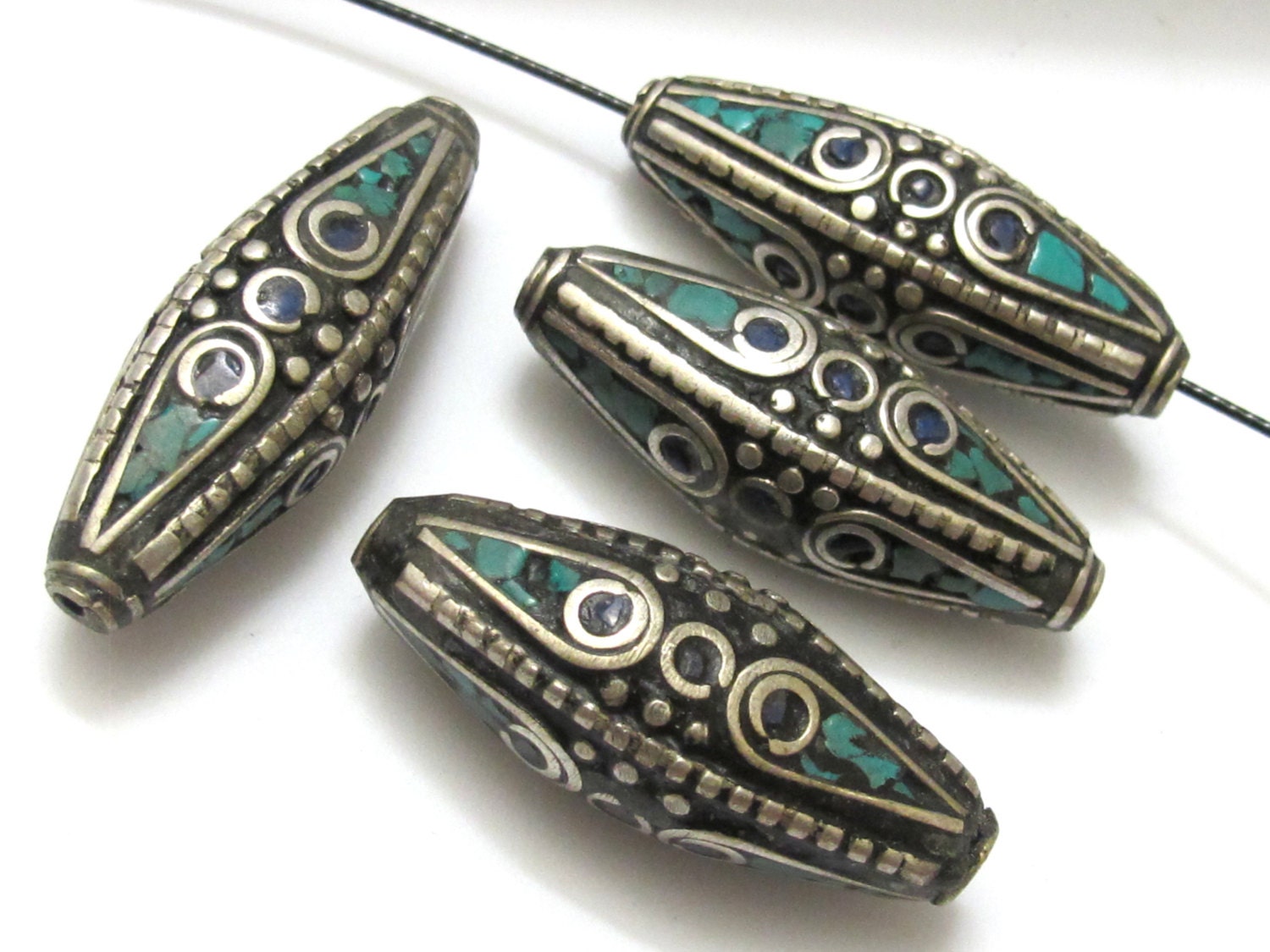 2 BEADS - Large size Bicone shape nepalese brass beads with turquoise and lapis inlay - BD631
