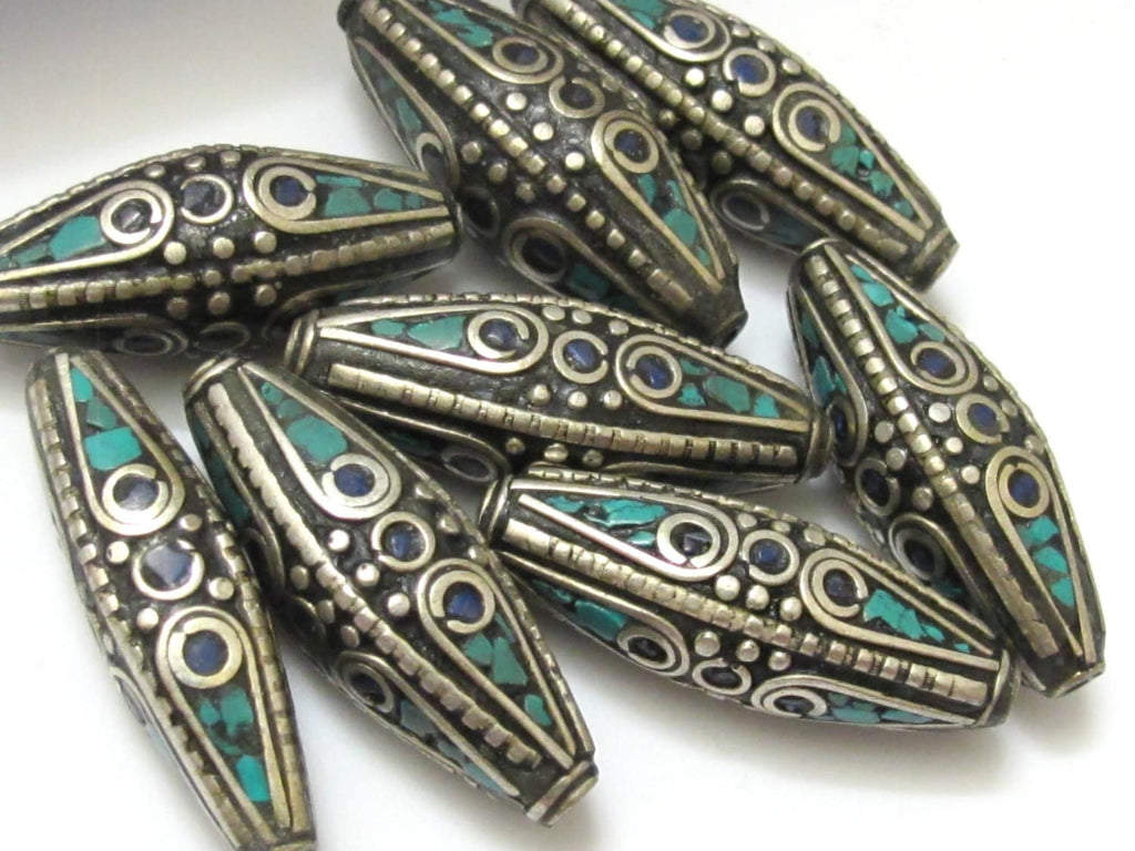 2 BEADS - Large size Bicone shape nepalese brass beads with turquoise and lapis inlay - BD631