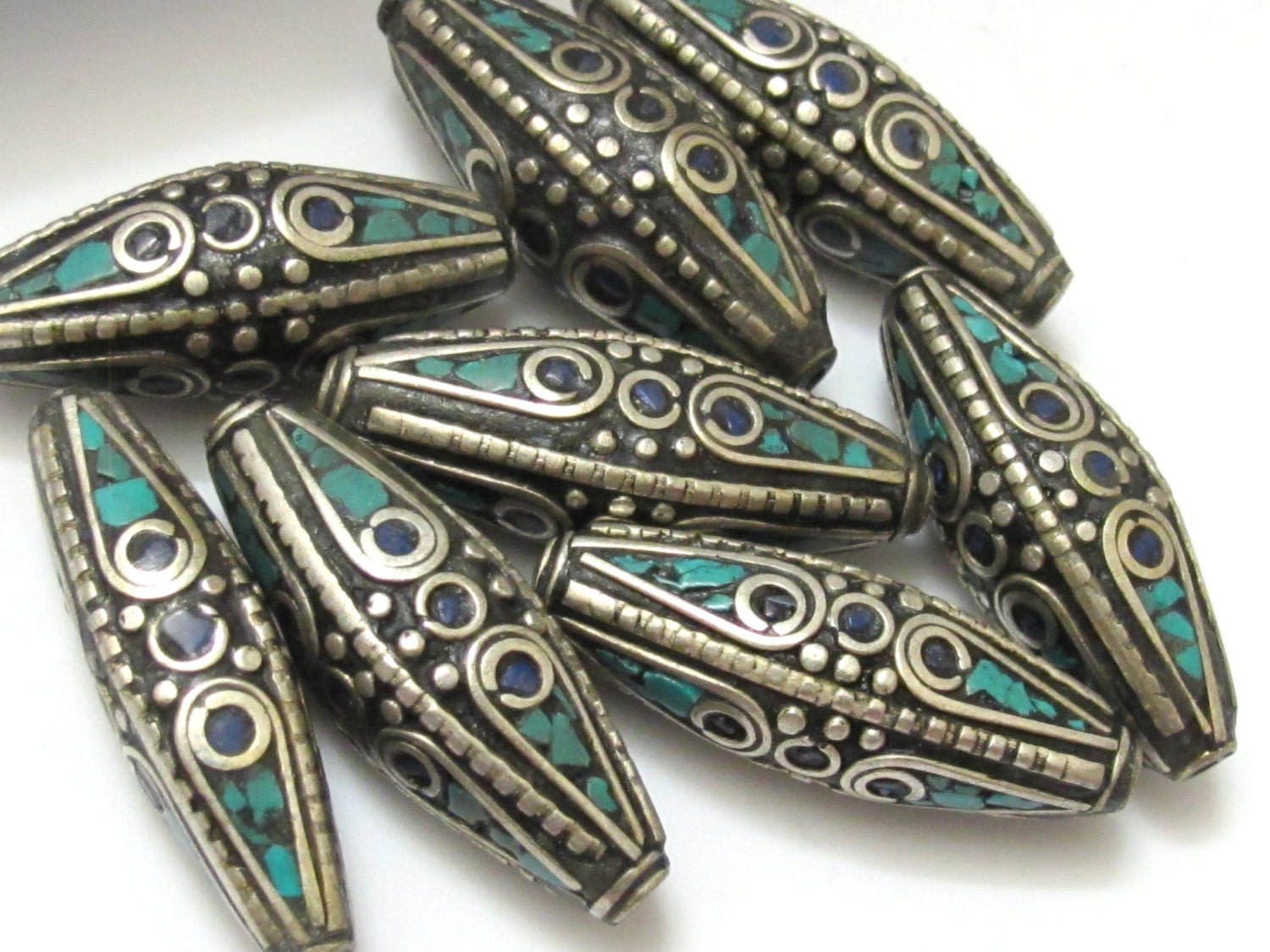 2 BEADS - Large size Bicone shape nepalese brass beads with turquoise and lapis inlay - BD631