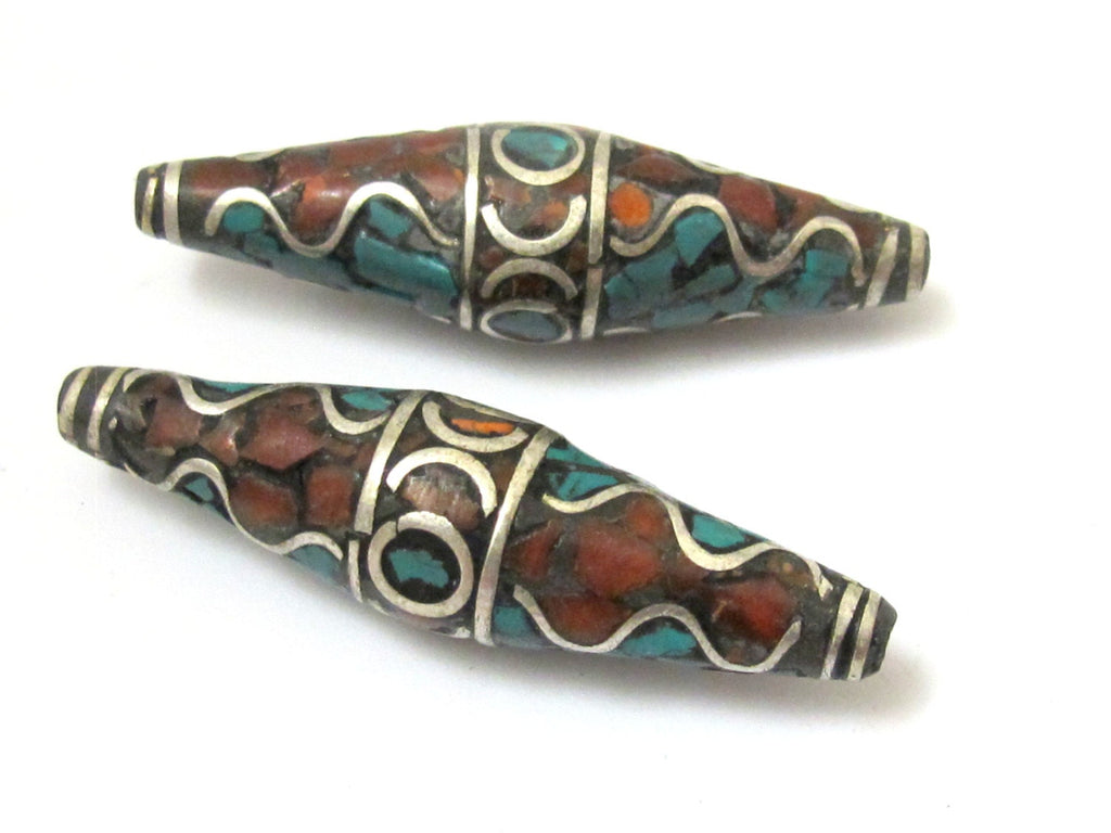 Tibetan Beads - nepalese beads - tibetan craft - 2 BEADS - Long bicone shape nepalese brass beads wavy design turquoise inlay - BD632A