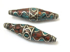 Tibetan Beads - nepalese beads - tibetan craft - 2 BEADS - Long bicone shape nepalese brass beads wavy design turquoise inlay - BD632A