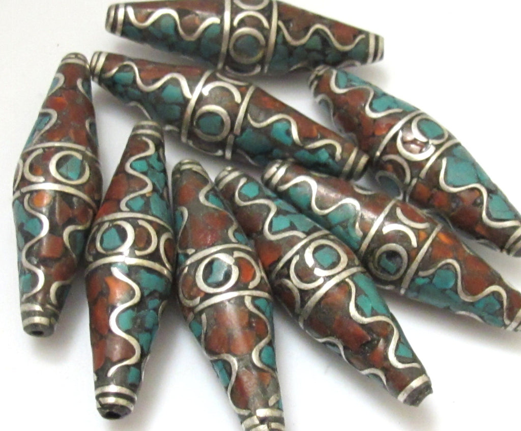 1 BEAD - Long bicone shape nepalese brass beads with wavy design turquoise and inlay - BD632A