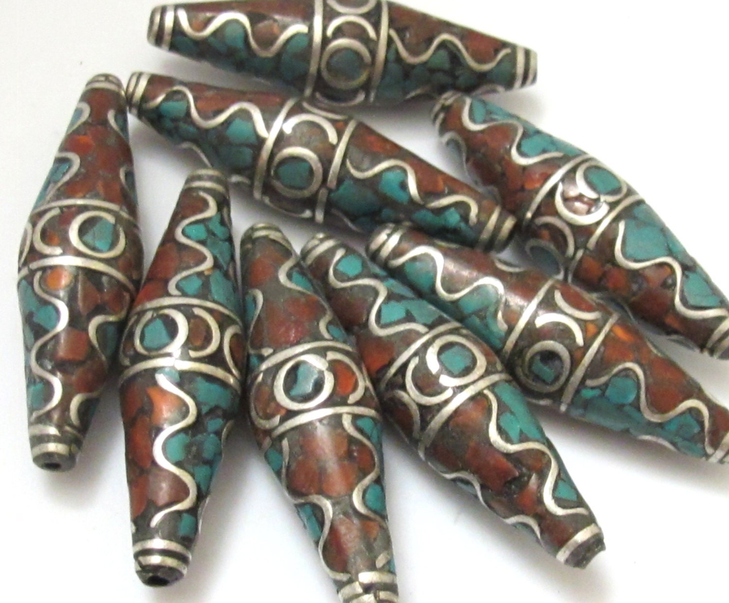 Tibetan Beads - nepalese beads - tibetan craft - 2 BEADS - Long bicone shape nepalese brass beads wavy design turquoise inlay - BD632A