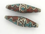 1 BEAD - Long bicone shape nepalese brass beads with wavy design turquoise and inlay - BD632A