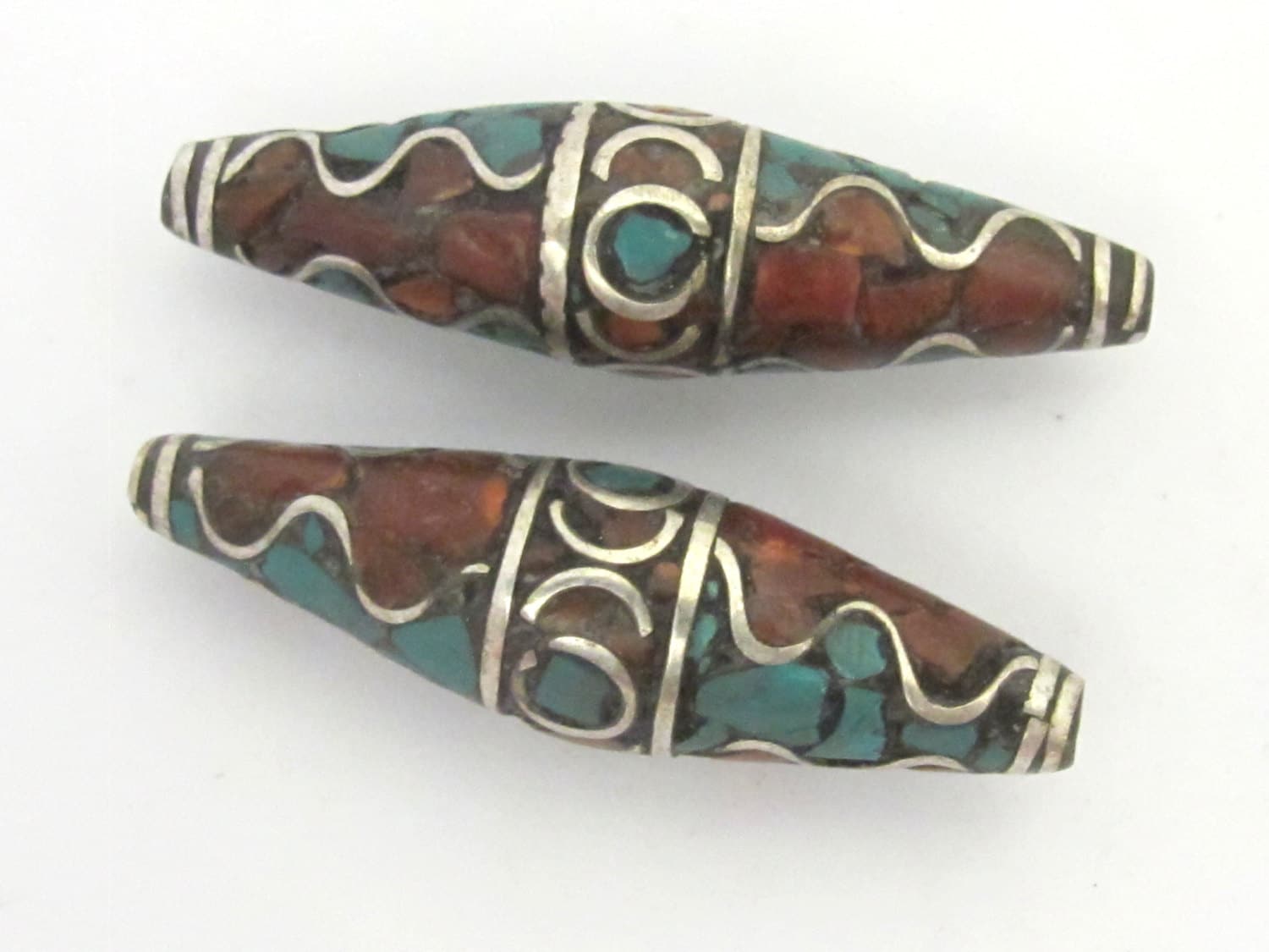 Tibetan Beads - nepalese beads - tibetan craft - 2 BEADS - Long bicone shape nepalese brass beads wavy design turquoise inlay - BD632A