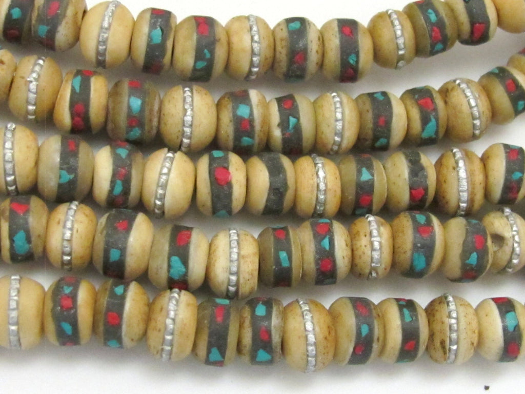 10 Beads-Rondelle shape ethnic Tibetan old recycled cattle bone beads with turquoise inlay - NB126