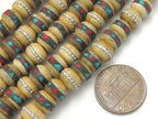 10 Beads-Rondelle shape ethnic Tibetan old recycled cattle bone beads with turquoise inlay - NB126