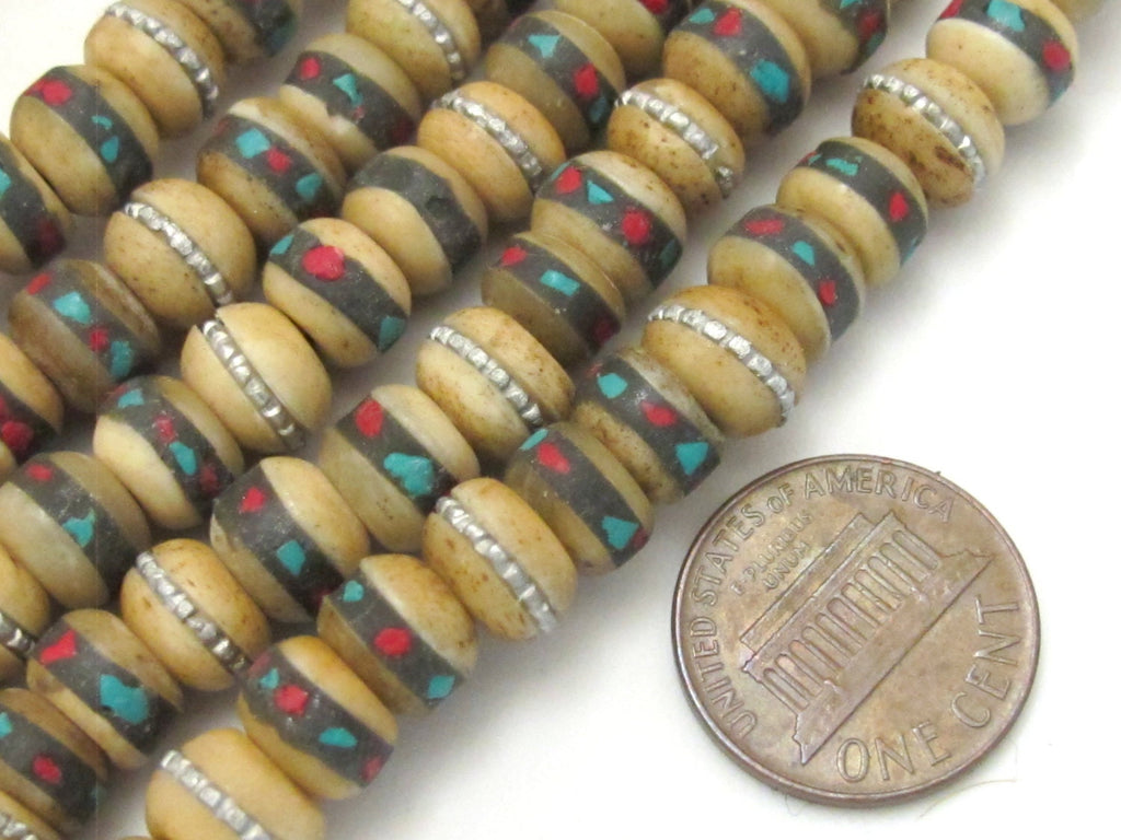 108 Beads-Rondelle shape ethnic Tibetan mala bone beads with turquoise coral inlay - NB126A