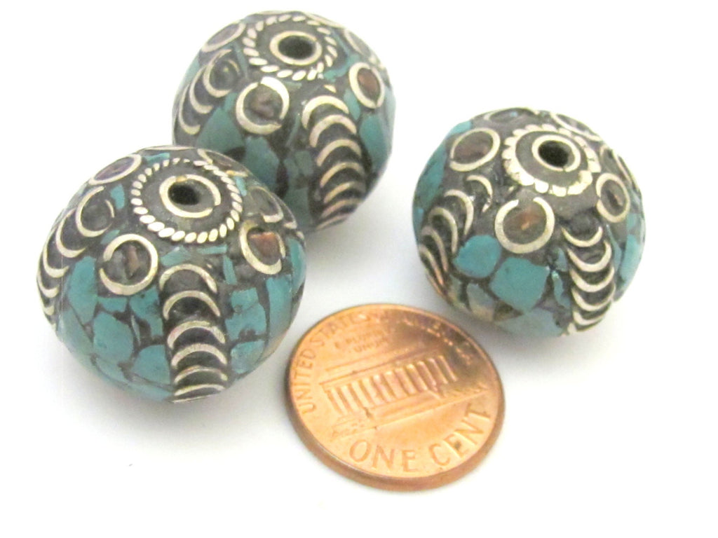 2 BEADS - Large 20 mm size nepalese brass bead with turquoise mosaic inlay - BD633