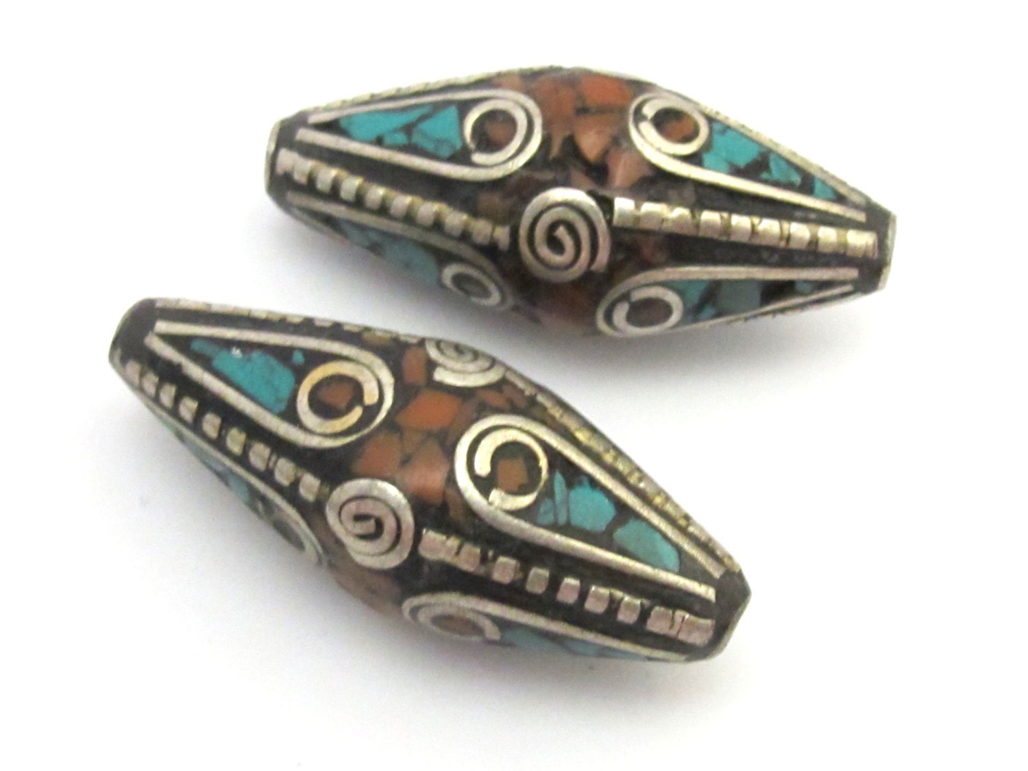Tibetan bead tibet nepal focal bead Long Bicone shape nepalese brass beads with turquoise inlay spiral brass design - 1 bead - BD635