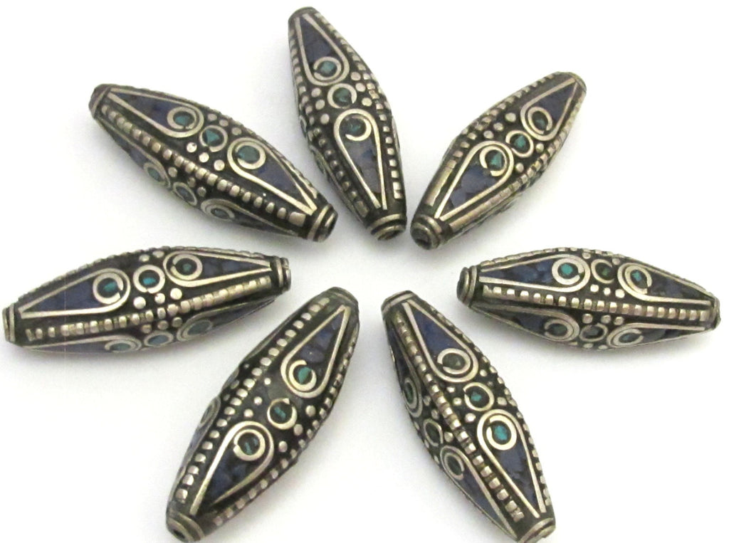 1 Bead - Long Bicone shape tibetan brass beads with turquoise and lapis inlay - BD636