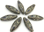 1 Bead - Long Bicone shape tibetan brass beads with turquoise and lapis inlay - BD636