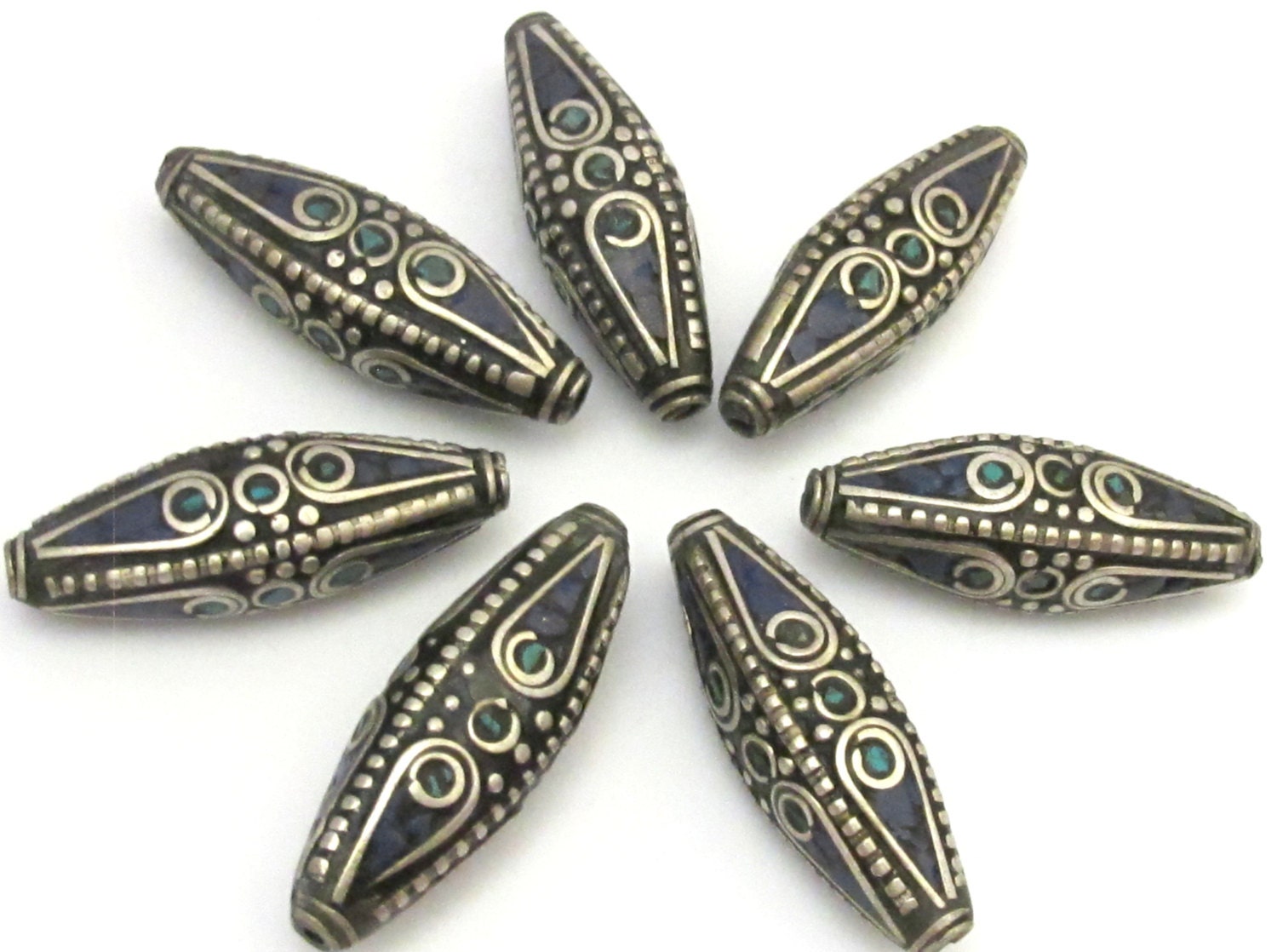 1 Bead - Long Bicone shape tibetan brass beads with turquoise and lapis inlay - BD636