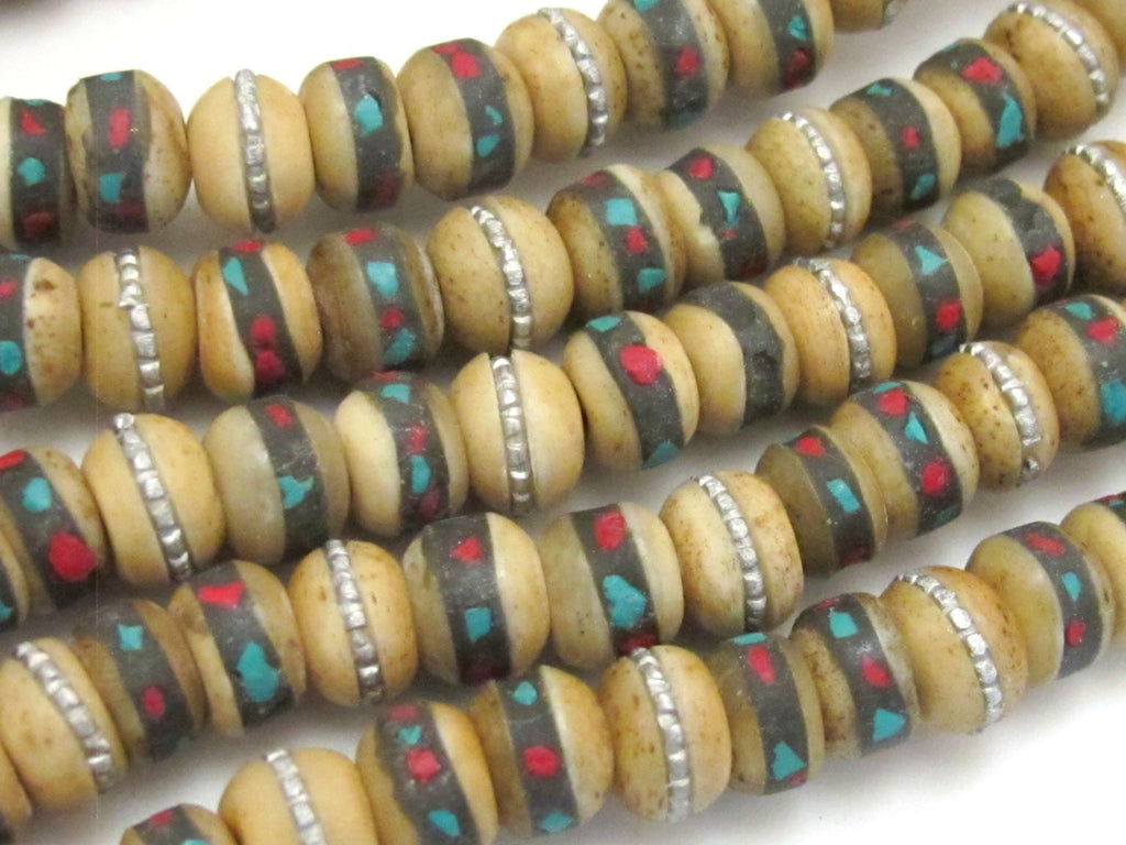 10 Beads-Rondelle shape ethnic Tibetan old recycled cattle bone beads with turquoise inlay - NB126