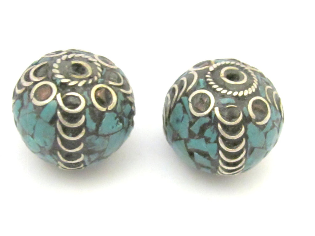 2 BEADS - Large 20 mm size nepalese brass bead with turquoise mosaic inlay - BD633