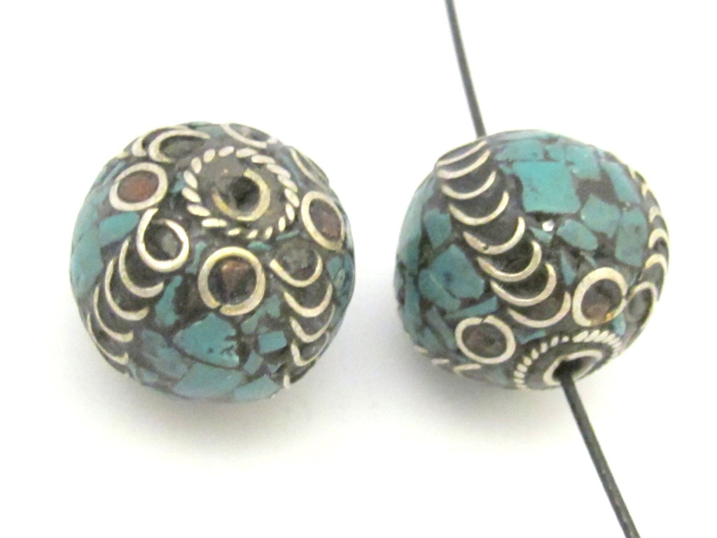 2 BEADS - Large 20 mm size nepalese brass bead with turquoise mosaic inlay - BD633