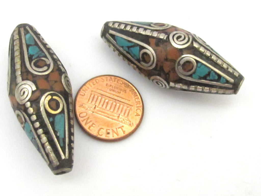 Tibetan bead tibet nepal focal bead Long Bicone shape nepalese brass beads with turquoise inlay spiral brass design - 1 bead - BD635