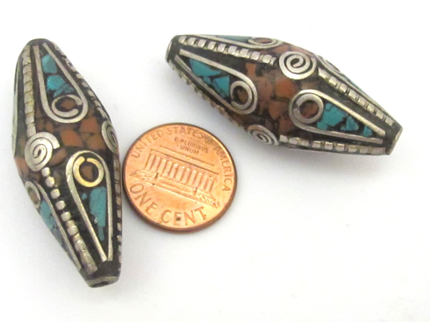 Tibetan bead tibet nepal focal bead Long Bicone shape nepalese brass beads with turquoise inlay spiral brass design - 1 bead - BD635