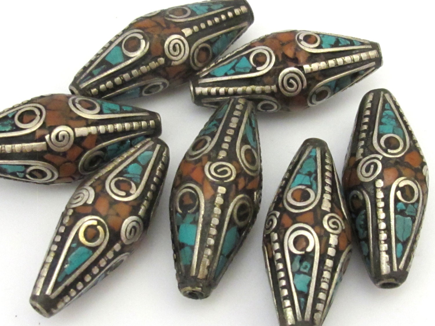 Tibetan bead tibet nepal focal bead Long Bicone shape nepalese brass beads with turquoise inlay spiral brass design - 1 bead - BD635