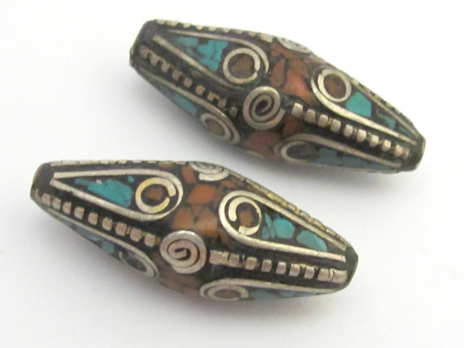 Tibetan bead tibet nepal focal bead Long Bicone shape nepalese brass beads with turquoise inlay spiral brass design - 1 bead - BD635