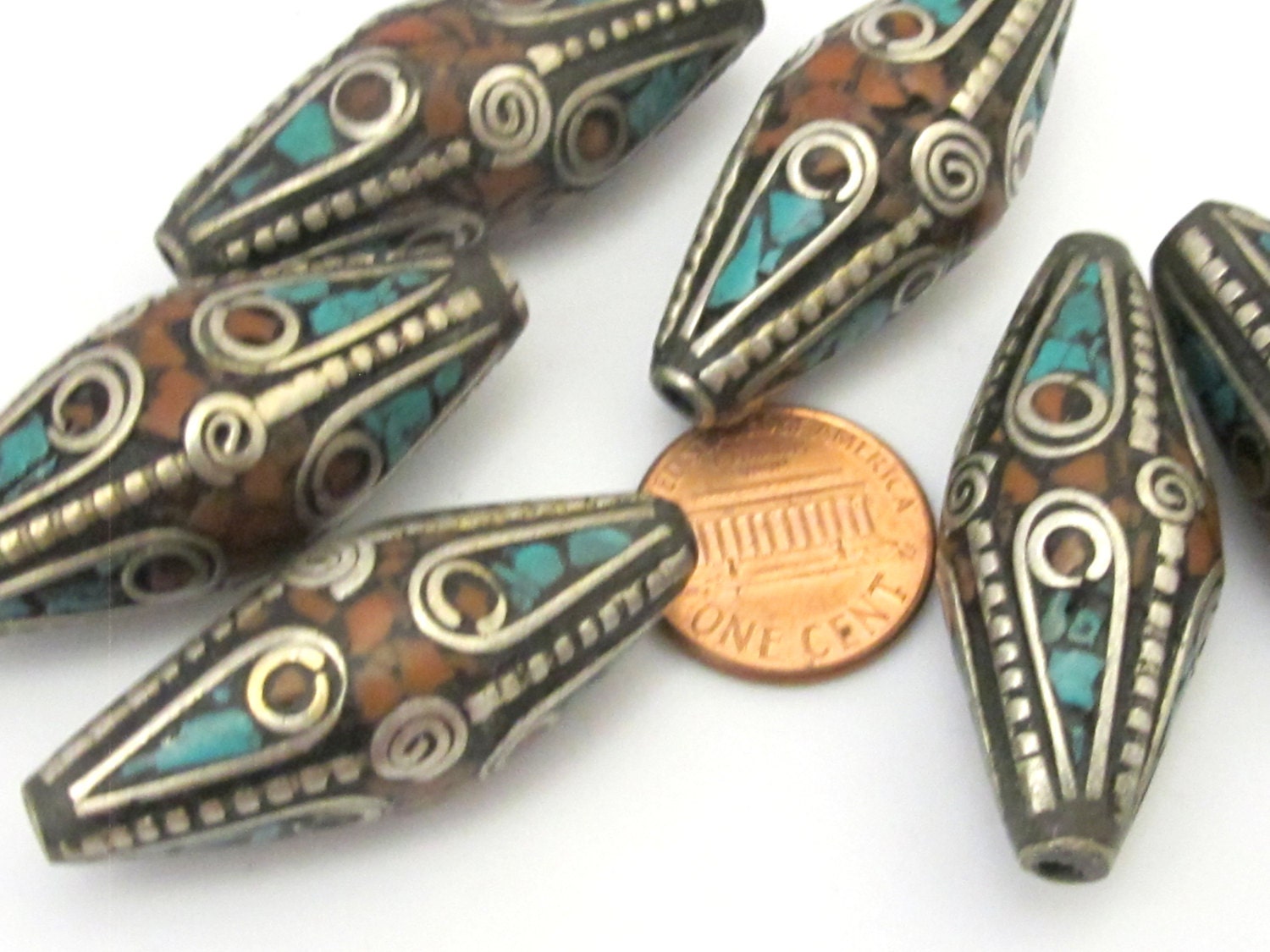 Tibetan bead tibet nepal focal bead Long Bicone shape nepalese brass beads with turquoise inlay spiral brass design - 1 bead - BD635