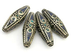 1 Bead - Long Bicone shape tibetan brass beads with turquoise and lapis inlay - BD636