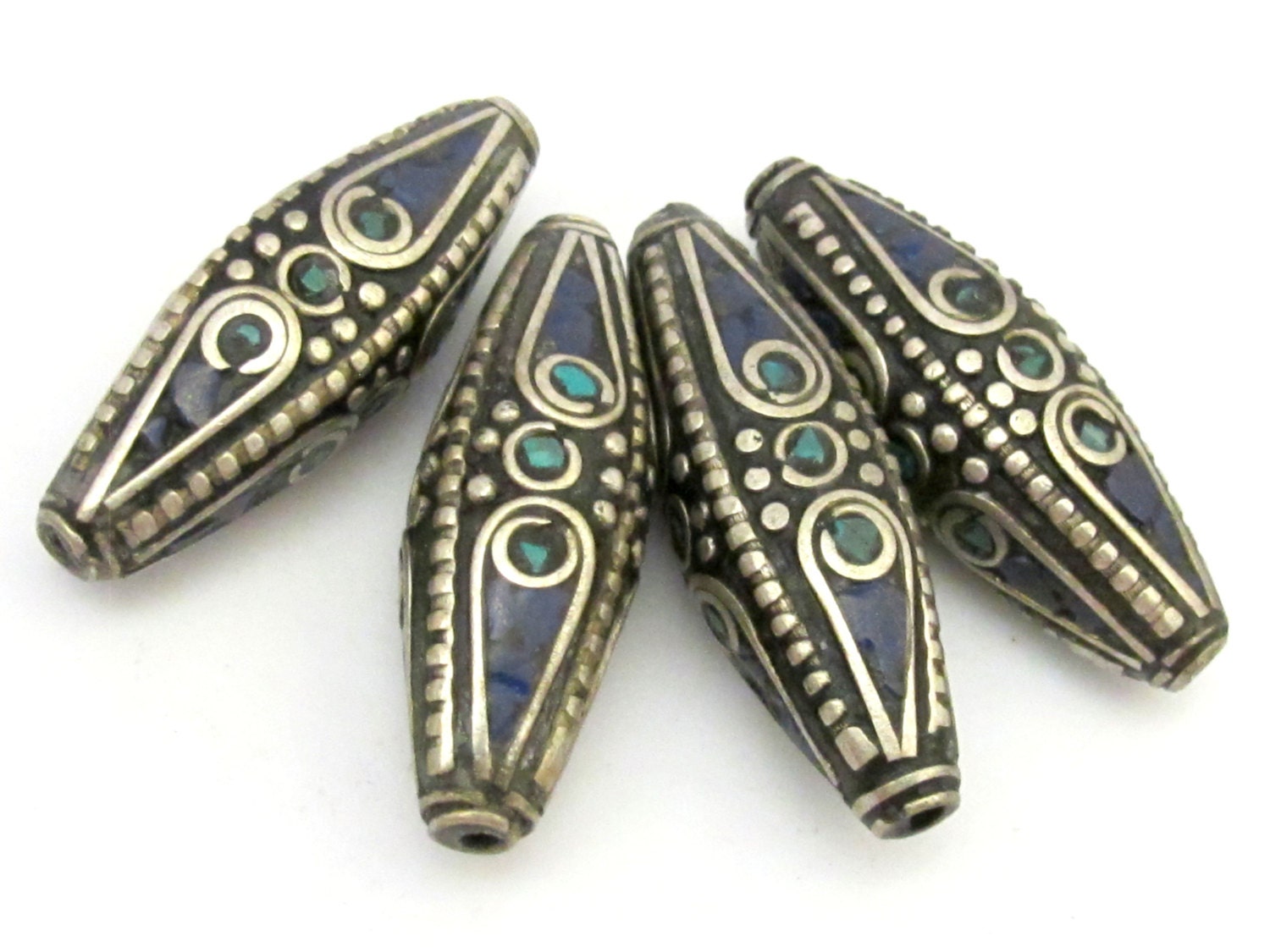 1 Bead - Long Bicone shape tibetan brass beads with turquoise and lapis inlay - BD636