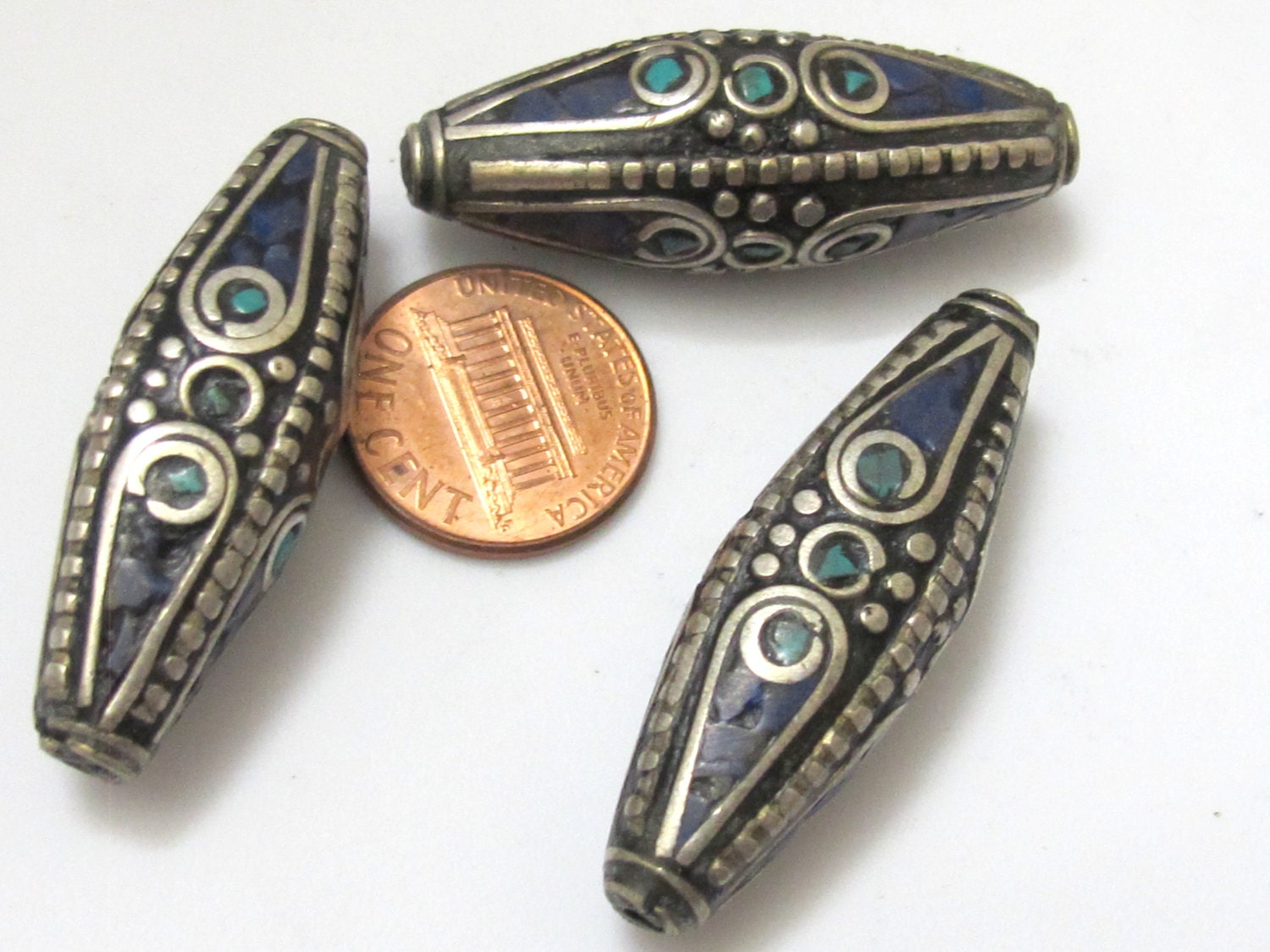 1 Bead - Long Bicone shape tibetan brass beads with turquoise and lapis inlay - BD636