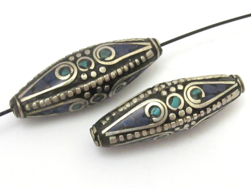 1 Bead - Long Bicone shape tibetan brass beads with turquoise and lapis inlay - BD636