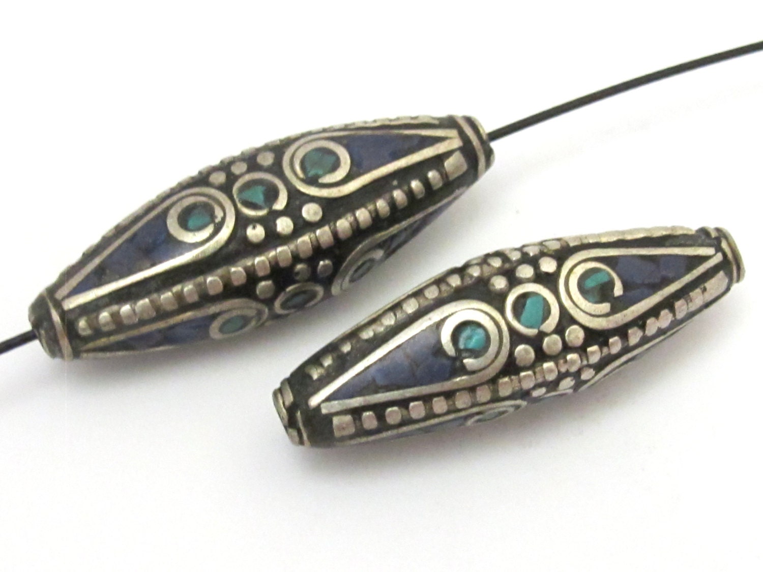 1 Bead - Long Bicone shape tibetan brass beads with turquoise and lapis inlay - BD636