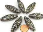 1 Bead - Long Bicone shape tibetan brass beads with turquoise and lapis inlay - BD636
