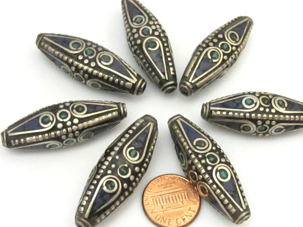 1 Bead - Long Bicone shape tibetan brass beads with turquoise and lapis inlay - BD636