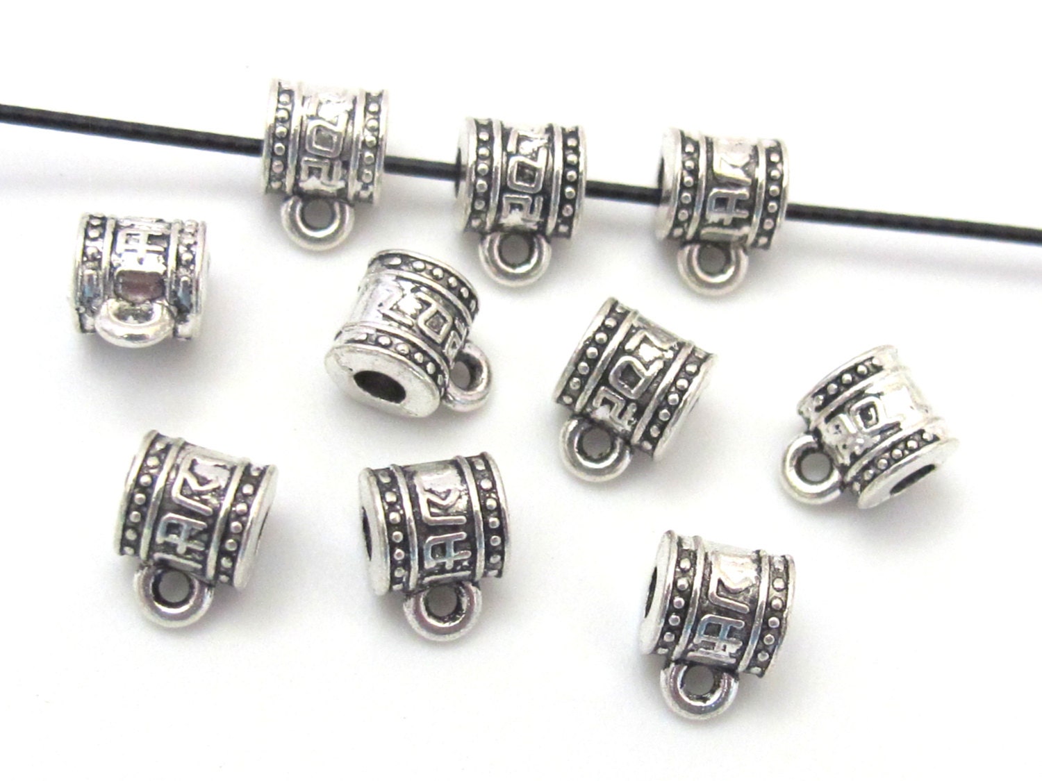 5 tibetan script silver tone plated connector bail beads 7 mm x 9 mm - CM091