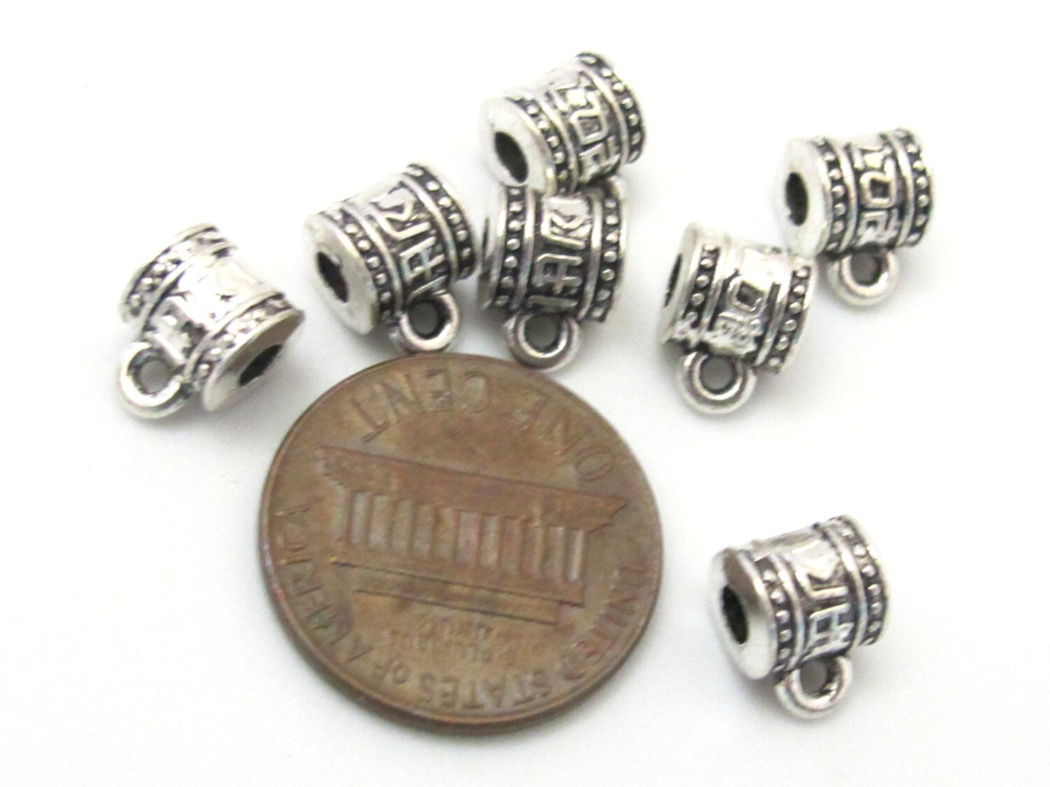 5 tibetan script silver tone plated connector bail beads 7 mm x 9 mm - CM091