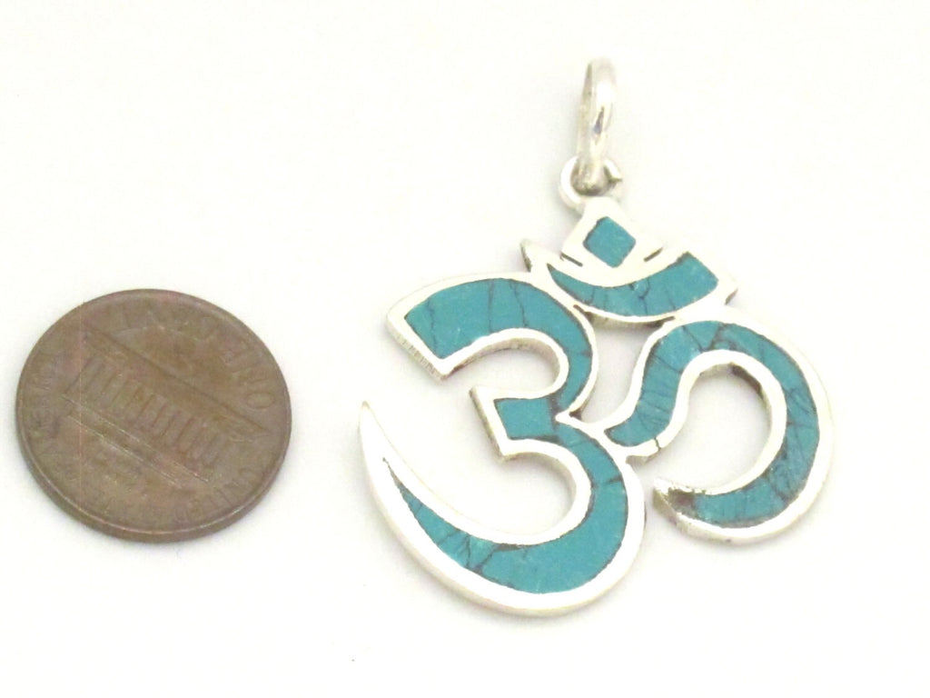 Tibetan silver plated Om pendant with turquoise inlay - PM265
