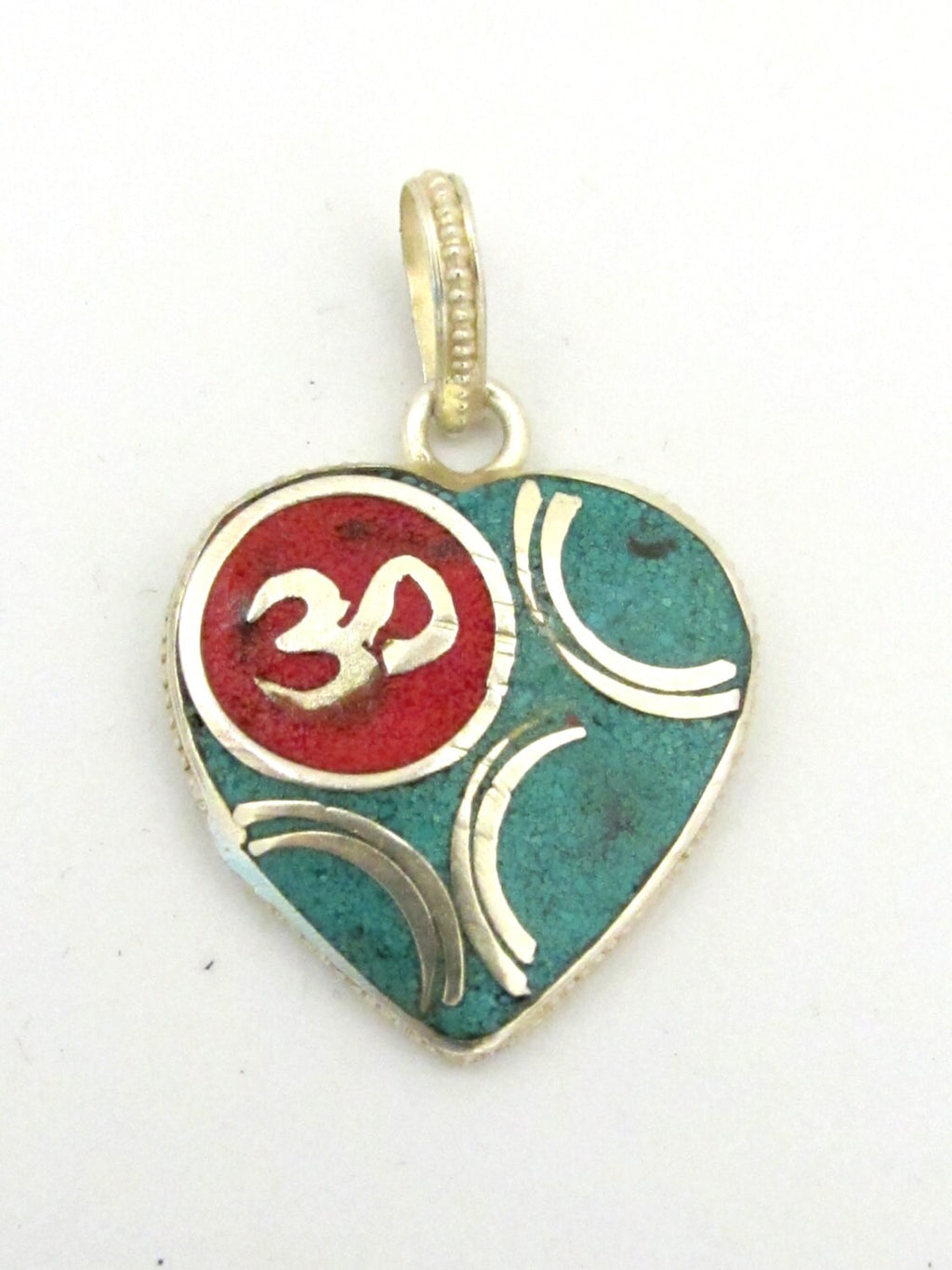 1 pendant - Small size Tibetan silver plated heart shape OM pendant with turquoise coral inlay - PM266