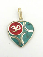 1 pendant - Small size Tibetan silver plated heart shape OM pendant with turquoise coral inlay - PM266