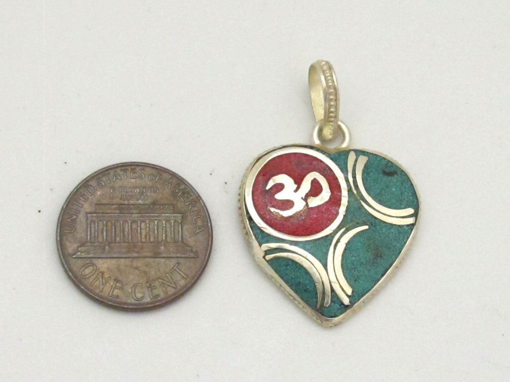 1 pendant - Small size Tibetan silver plated heart shape OM pendant with turquoise coral inlay - PM266