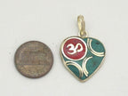 1 pendant - Small size Tibetan silver plated heart shape OM pendant with turquoise coral inlay - PM266