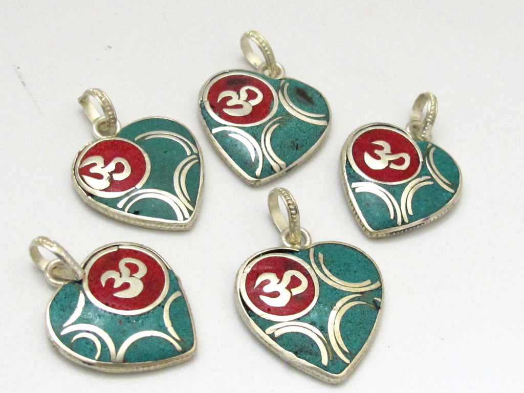 1 pendant - Small size Tibetan silver plated heart shape OM pendant with turquoise coral inlay - PM266