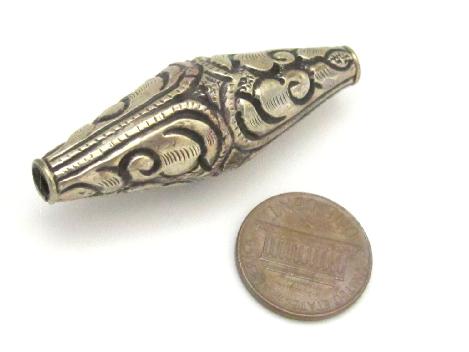 2 BEADS - Tibetan silver bicone shape floral repousse ethnic beads from Nepal - BD641A