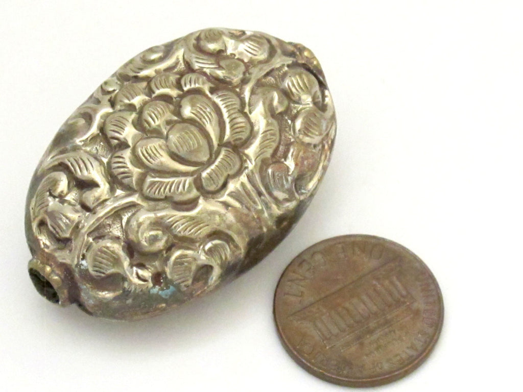 1 Bead - Large oval shape Tibetan repousse antiqued finish Lotus floral design reversible focal pendant bead - BD642