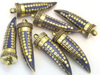 1 pendant - Long lapis inlaid Tibetan horn tusk shape Brass pendant with dotted brass inlay - PM255C