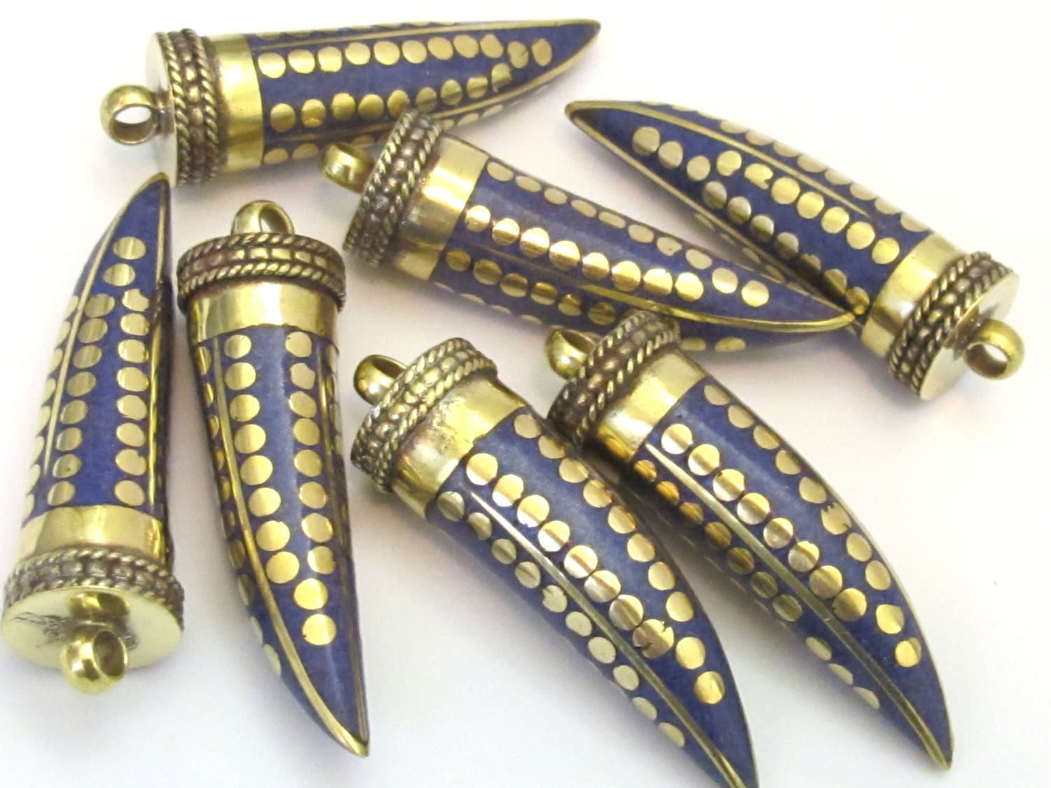 1 pendant - Long lapis inlaid Tibetan horn tusk shape Brass pendant with dotted brass inlay - PM255C