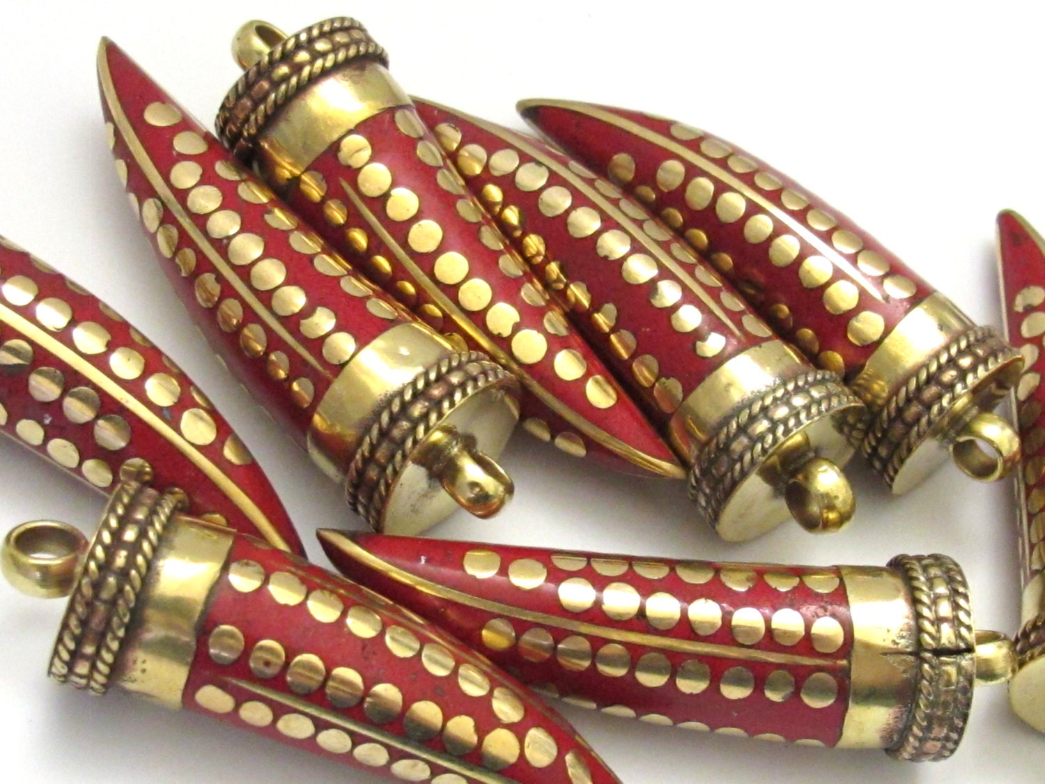 1 Pendant - Long inlaid Tibetan horn tusk shape Brass pendant with dotted brass inlays - PM255D