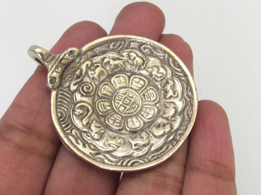 2 pendants - Medium 37 - 38 mm wide Tibetan Om with calendar timeline wheel Solid Brass pendant - CP059s